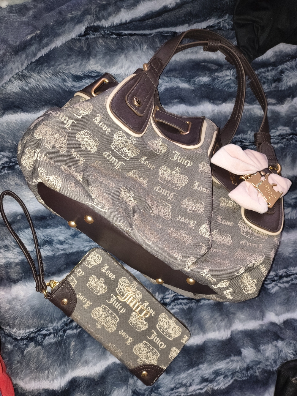 Juicy Couture Gray and Brown Logo Tote with Pink Bow Charm